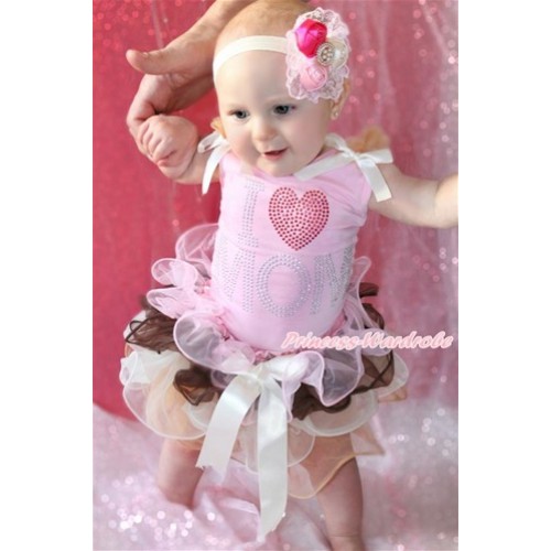 Light Pink Baby Pettitop with Goldenrod Ruffles & Cream White Bow & Sparkle Crystal Bling Rhinestone I Love Mom Print with Cream White Bow Light Pink Brown Cream White Goldenrod Petal Baby Pettiskirt & Cream White Headband Pearl Pink Rose Lace Clip BG152 